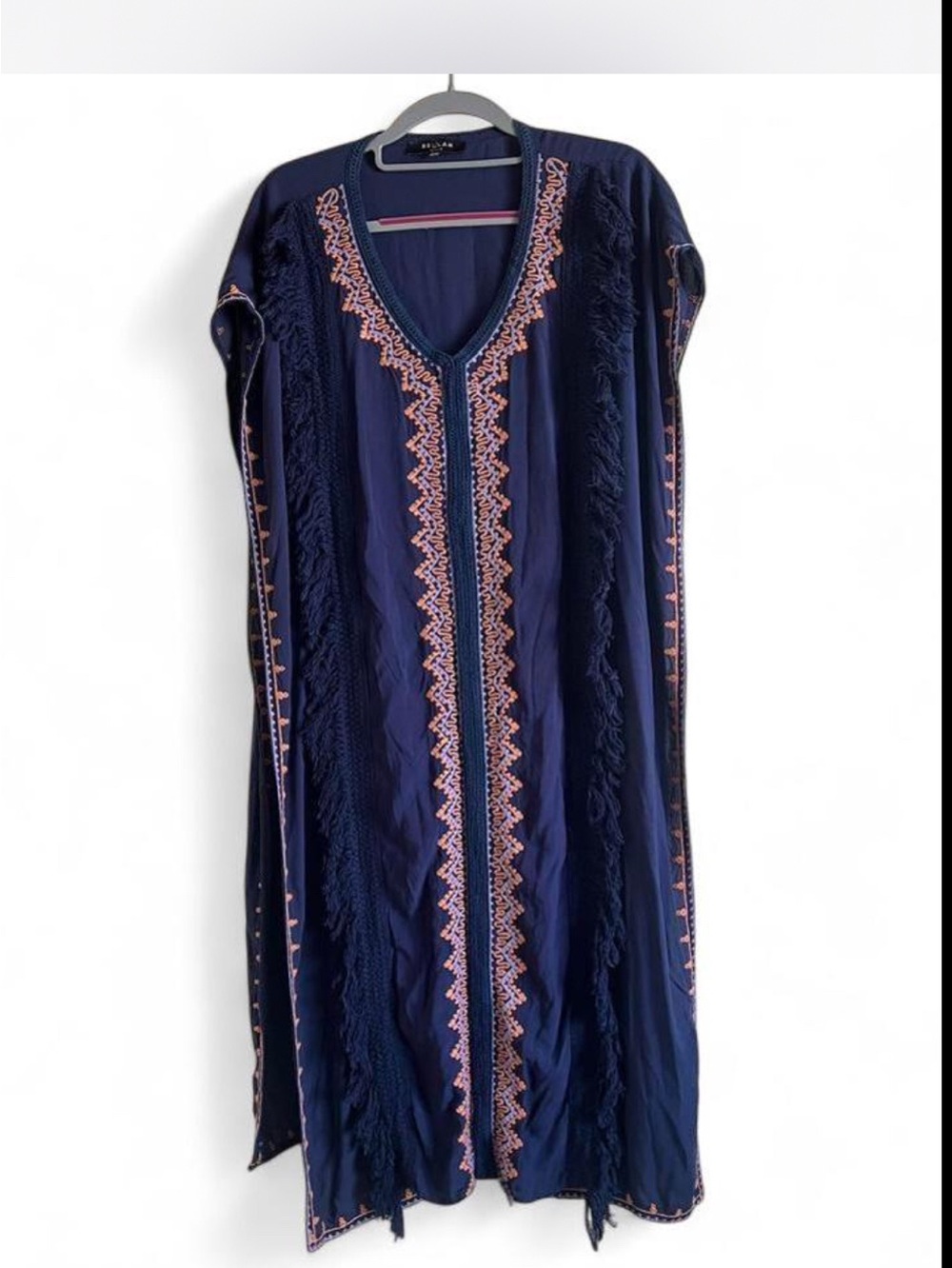 Beulah Style Navy Fringe-Trim Embroidered kimono with Pink Accents